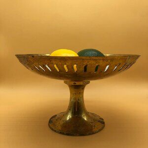 Vintage brass large bowl on stand mother of pearl incrustation peacock - 0020TC